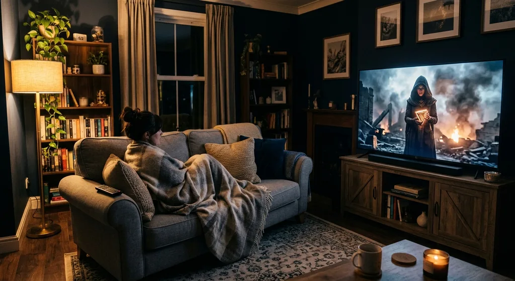 Cozy living room with a glowing television and comfortable sofa for binge-watching must watch series