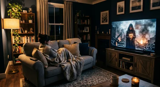 Cozy living room with a glowing television and comfortable sofa for binge-watching must watch series