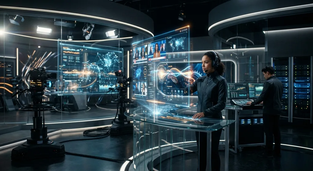 Futuristic streaming studio with holographic displays and advanced media technology equipment representing 2025 breakthroughs