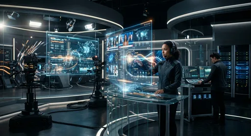 Futuristic streaming studio with holographic displays and advanced media technology equipment representing 2025 breakthroughs