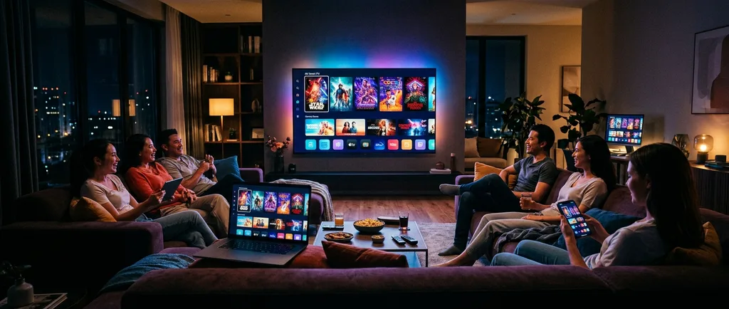 Multiple glowing screens showing streaming platform interfaces in a modern living room at night