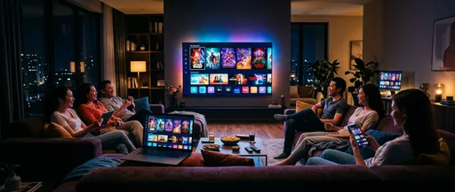 Multiple glowing screens showing streaming platform interfaces in a modern living room at night