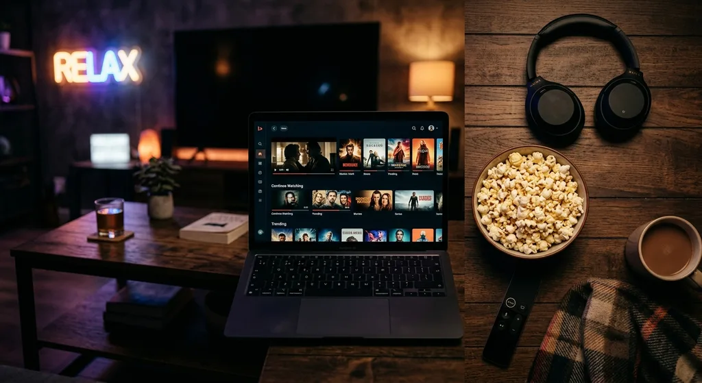 Glowing laptop showing a streaming service new releases screen in a cozy dark room with popcorn and headphones nearby