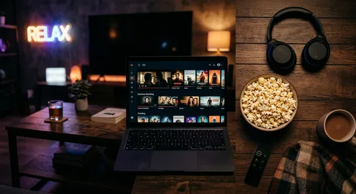 Glowing laptop showing a streaming service new releases screen in a cozy dark room with popcorn and headphones nearby