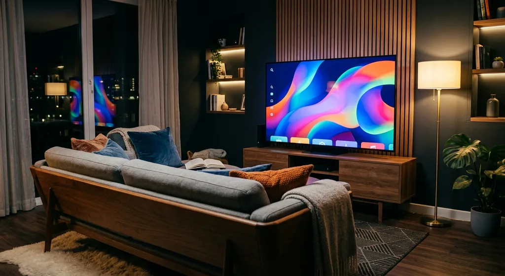 A cozy modern living room at night with a large glowing TV displaying a colorful streaming interface, illustrating the best streaming platforms guide.