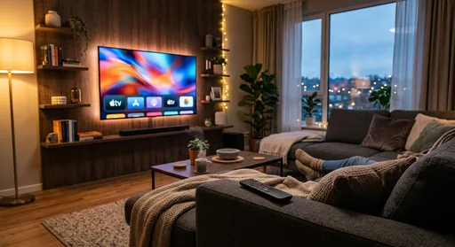 A cozy living room with a glowing flat-screen TV displaying a streaming interface, representing how to stream video at home