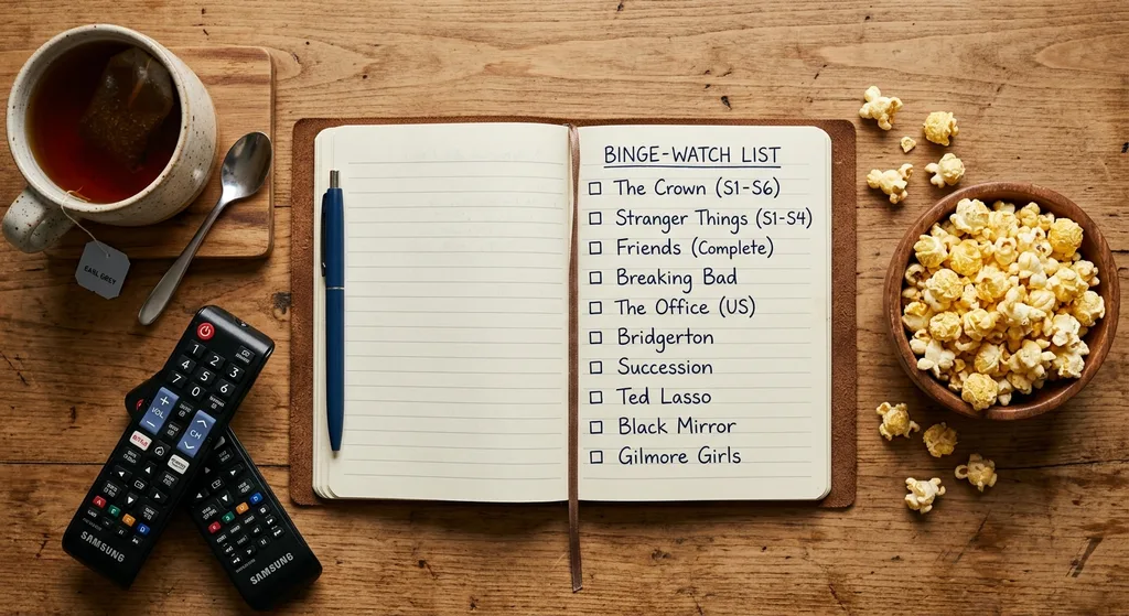 Handwritten must watch series list in a notebook surrounded by popcorn and a remote control