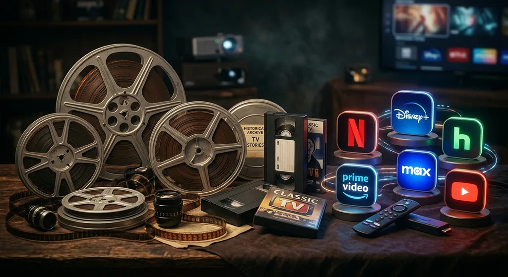Film reels and streaming device icons representing the evolution of television from classic to modern must watch series
