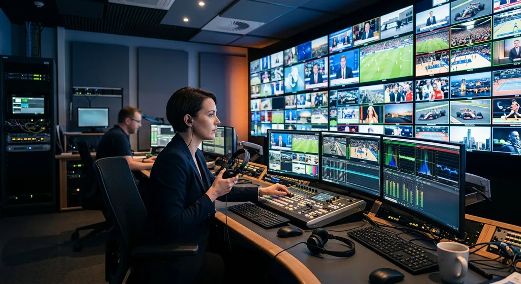 A broadcaster monitoring multiple streaming feeds on advanced display screens in a modern media control room