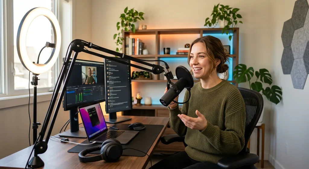 An independent content creator at a professional home streaming setup with lighting and microphone equipment