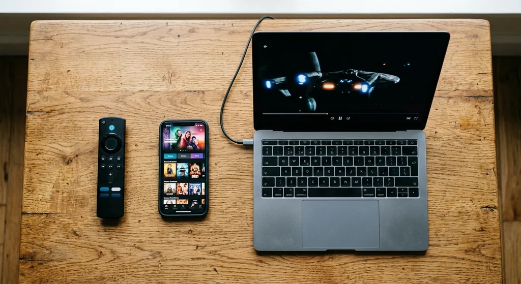 Remote control, smartphone with streaming app, and laptop arranged on a wooden table