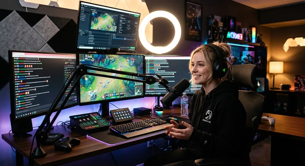 Young content creator at a home streaming desk with microphone and monitors showing live stream chat