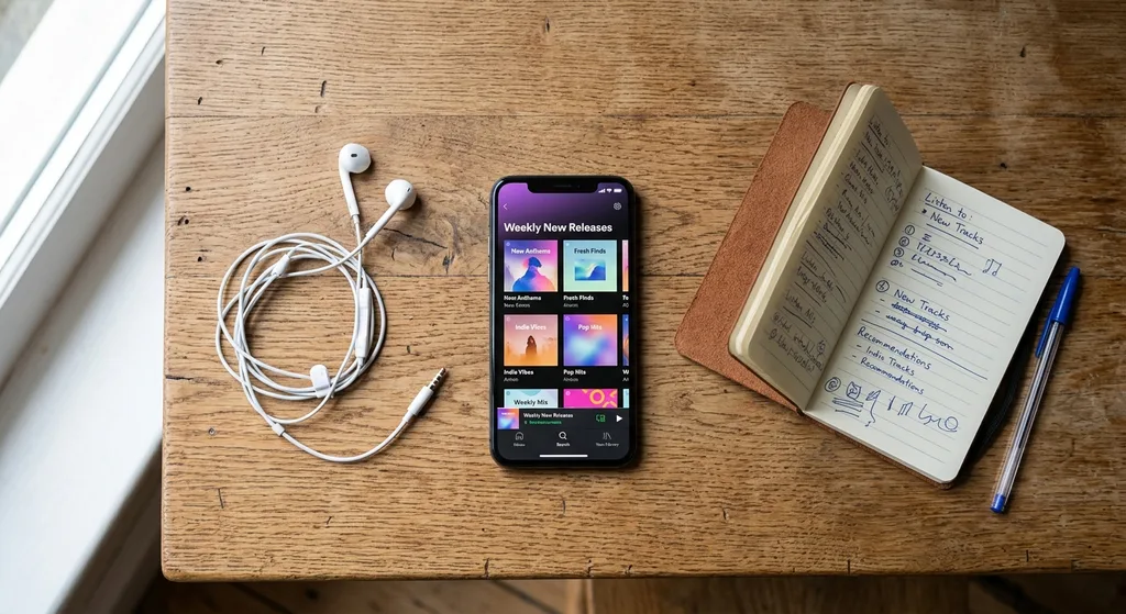 Smartphone showing a new releases music streaming playlist on a desk with earbuds and a notebook