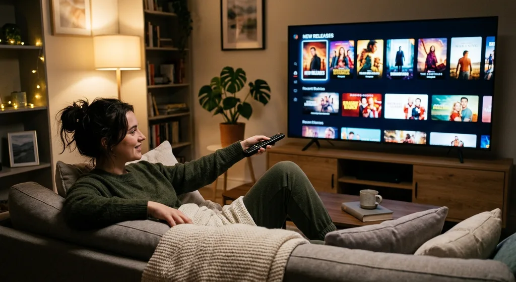Person on a couch using a remote to browse new releases on a streaming platform on a large television