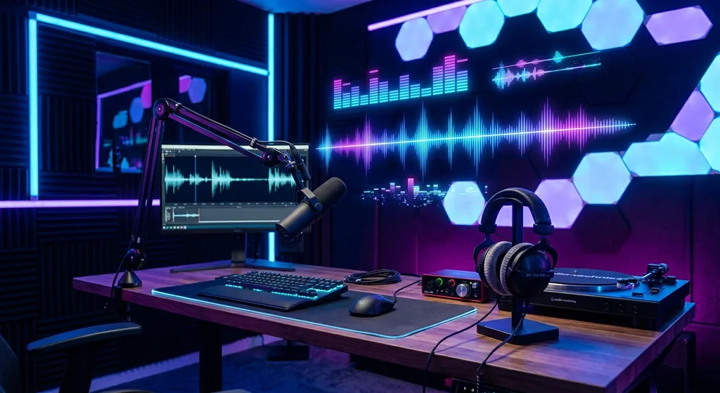 Modern audio streaming studio with glowing equalizer bars, sound waves, and headphones in neon blue and purple lighting