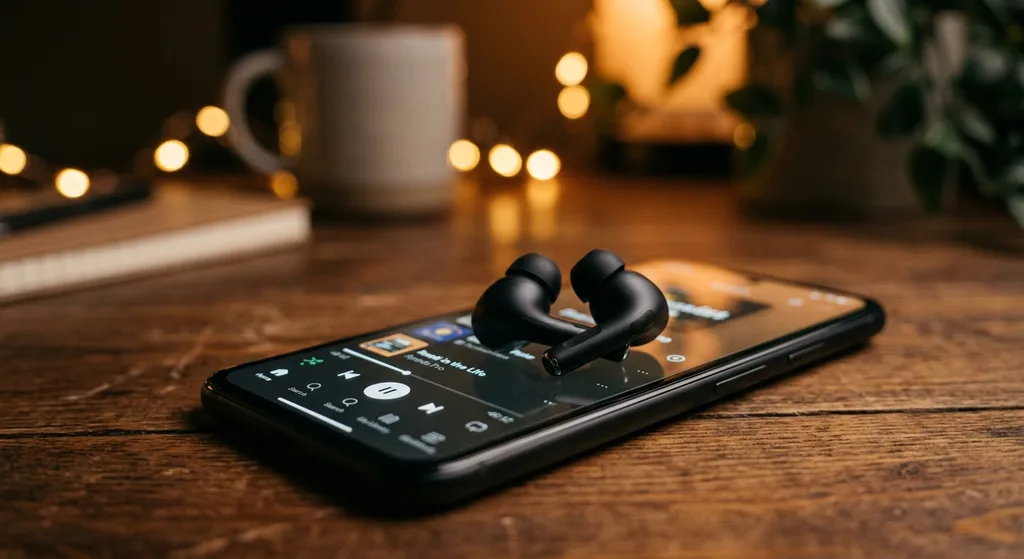 Wireless earbuds resting on a smartphone with a podcast app open, surrounded by warm ambient lighting