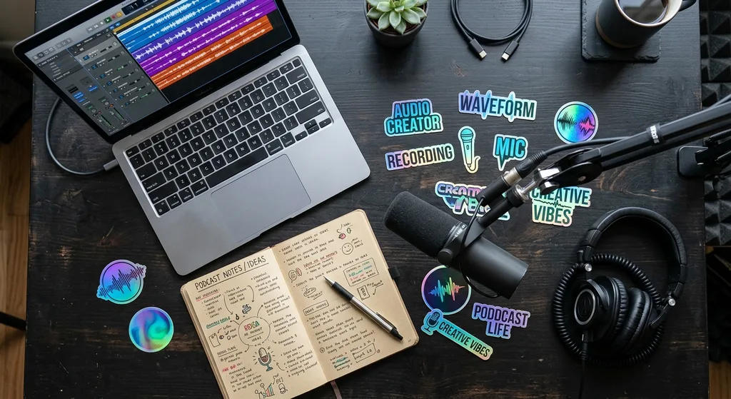 Audio creator desk flat-lay with a condenser microphone, laptop showing waveforms, and holographic stickers