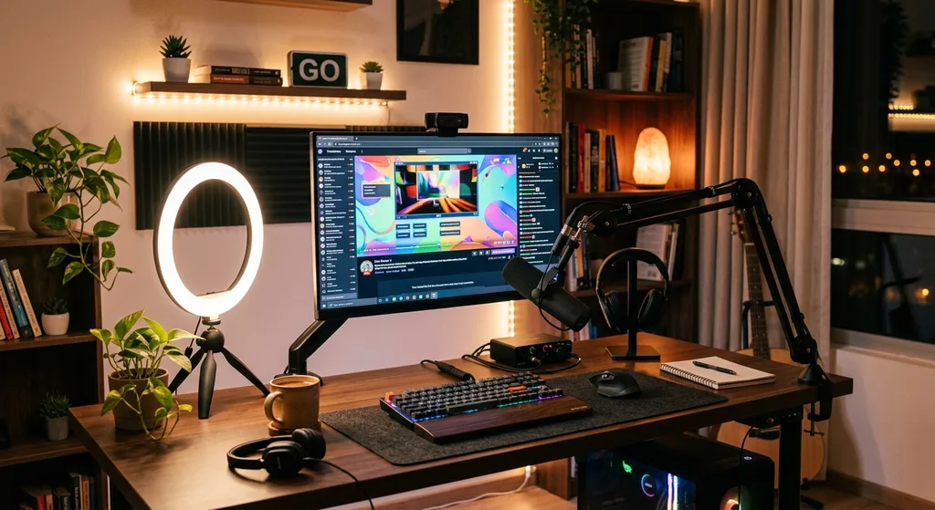 Beginner streaming desk setup with a monitor showing a live stream, a microphone, ring light, and webcam in a warm home office environment