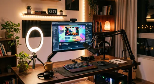 Beginner streaming desk setup with a monitor showing a live stream, a microphone, ring light, and webcam in a warm home office environment