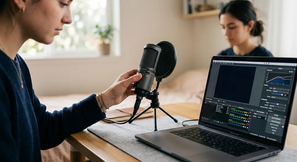 Person adjusting a USB microphone next to a laptop displaying streaming software settings in a bright home workspace