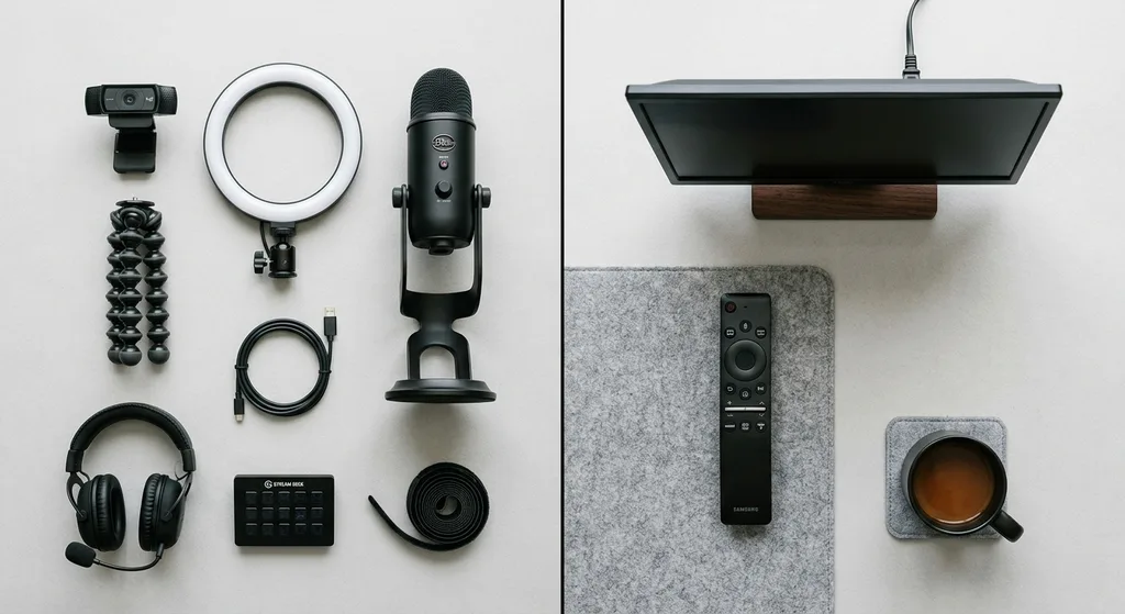 Flat-lay comparison of a streaming creator setup with webcam and ring light alongside a viewer setup with a remote control and smart TV