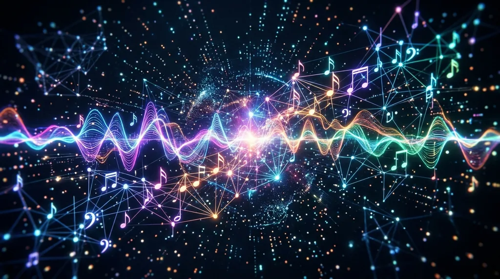 Colorful abstract visualization of AI analyzing music waveforms and discovering new songs in a digital landscape