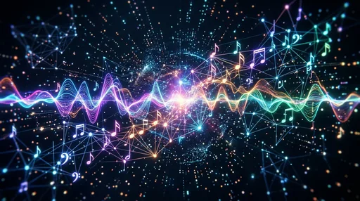 Colorful abstract visualization of AI analyzing music waveforms and discovering new songs in a digital landscape