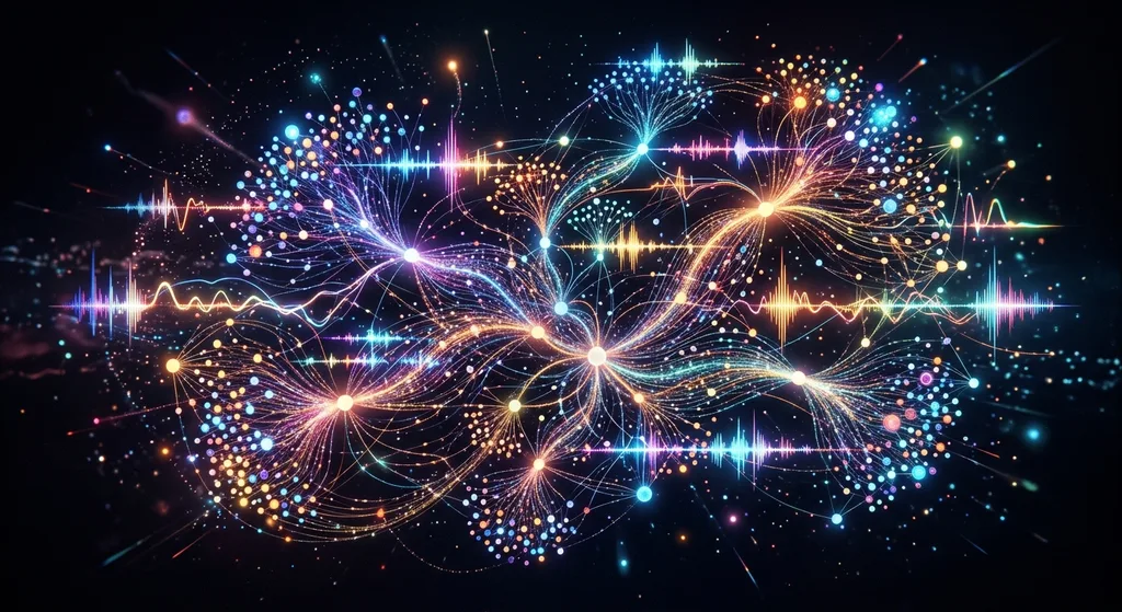 Abstract visualization of a music recommendation algorithm showing interconnected nodes and waveforms