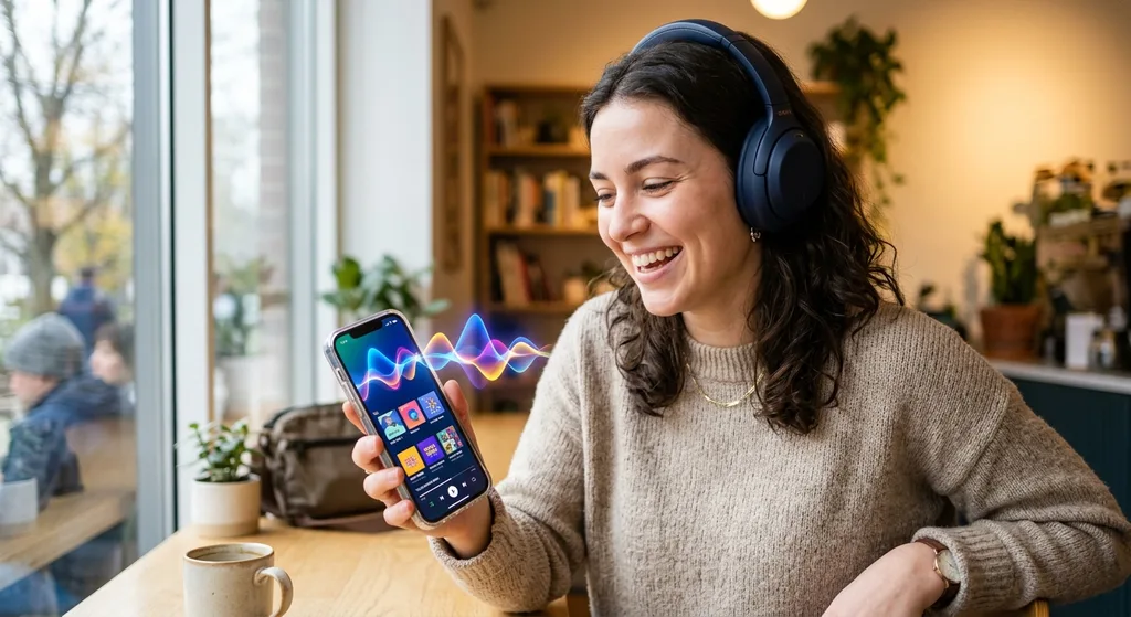 Person wearing headphones smiling while exploring music on a smartphone with colorful audio waveforms in the background