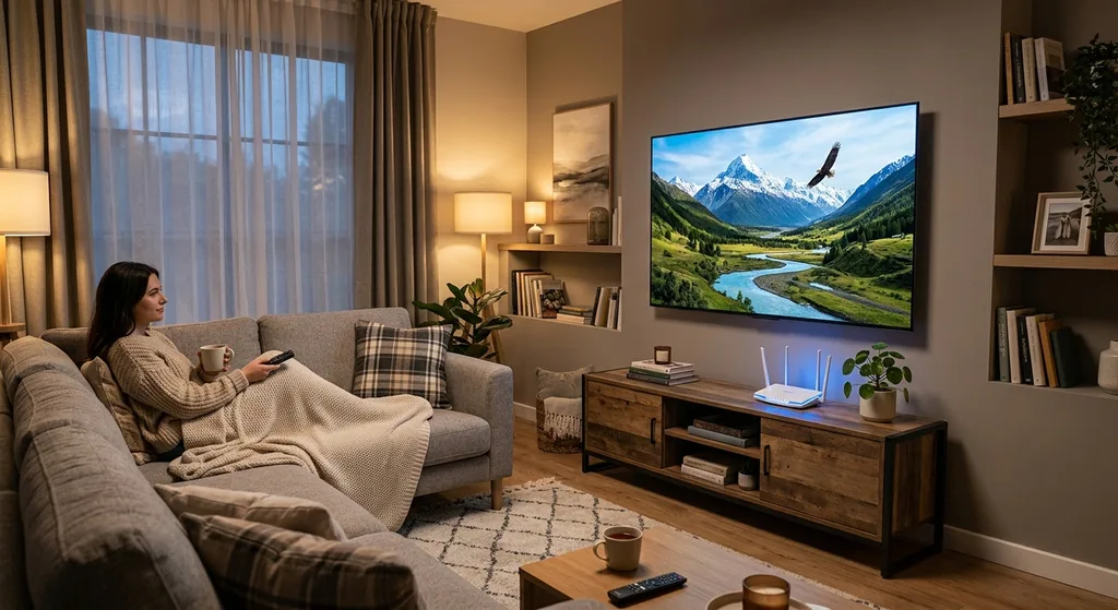 A modern living room with a large 4K television streaming crystal-clear video and a Wi-Fi router glowing on a nearby shelf
