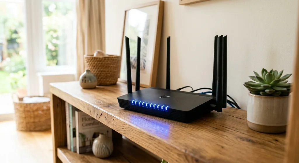 A dual-band Wi-Fi router with glowing LED lights positioned centrally in a home for optimal coverage