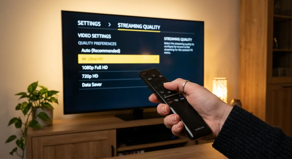 A person using a remote to adjust streaming video quality settings on a smart TV