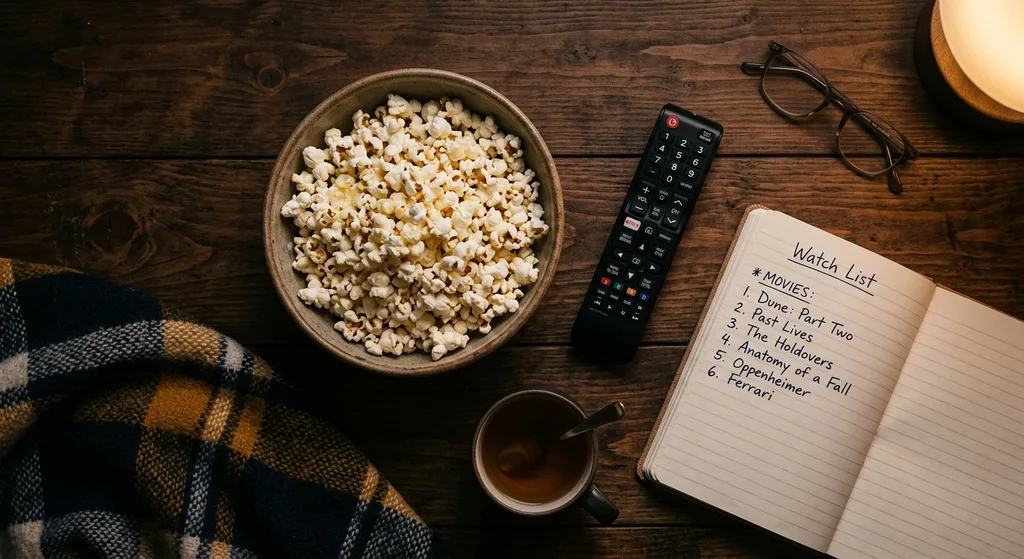 Popcorn bowl and remote on a dark wooden surface beside a handwritten movie watch list
