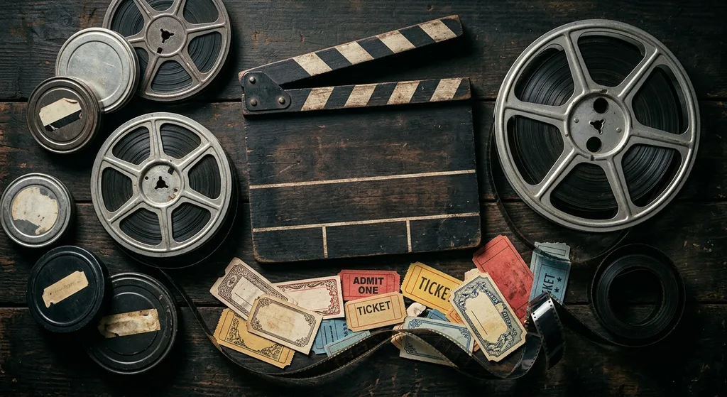Vintage film reels and a clapperboard arranged on a dark background representing classic cinema history