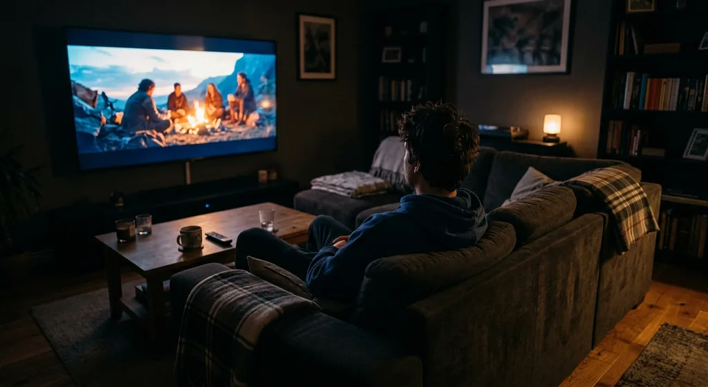 Person watching a film on a large television in a cozy dimly lit living room