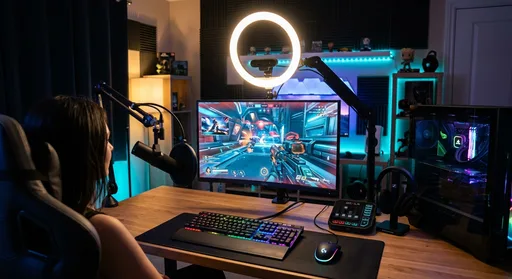 A home streaming studio setup with a PC, ring light, webcam, and microphone arranged neatly on a wooden desk