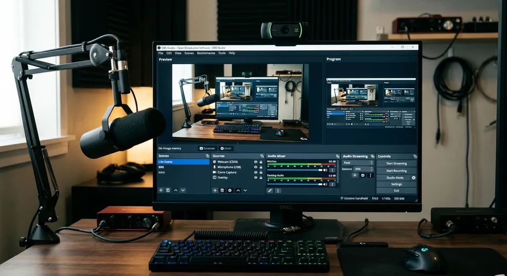 A monitor displaying the OBS Studio scene editor interface with a microphone and webcam on the desk nearby