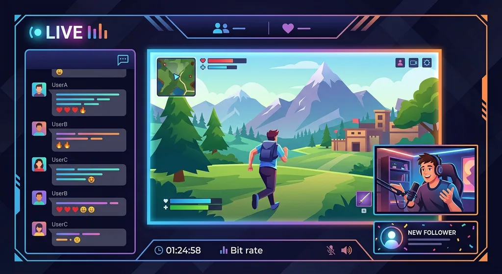 Illustration of a streaming broadcast layout with webcam, screen capture, and overlay elements
