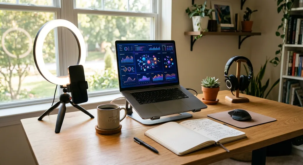 A content creator's modern home studio desk with a laptop displaying AI content tools, ring light, and notebook