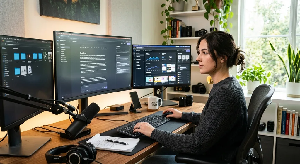 A creator working at a desk with multiple screens displaying AI writing and design tools
