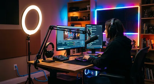 A professional home live streaming studio setup with a microphone, ring light, monitor, and Ethernet cable on a clean desk