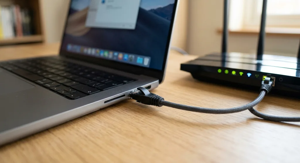 A wired Ethernet cable plugged into a laptop beside a glowing home router on a desk