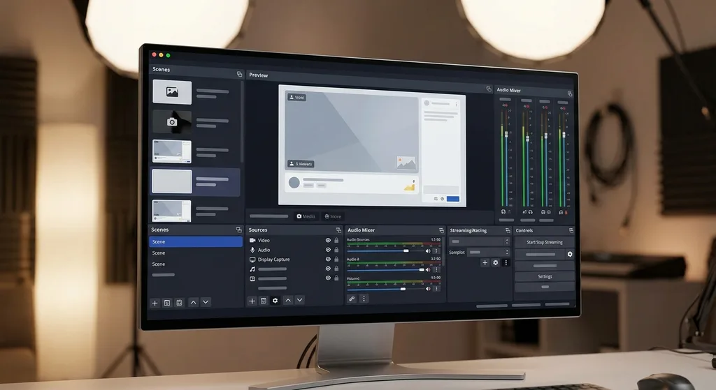 A streaming software interface on a monitor showing organized scenes, audio mixer, and overlay layout