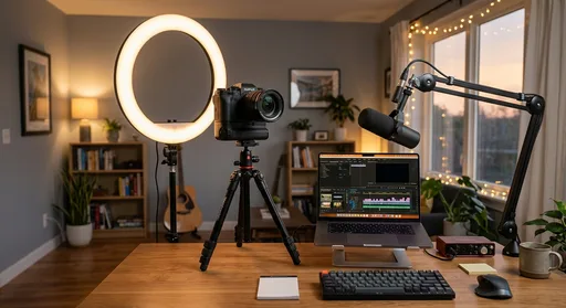 A professional home studio desk setup with a camera, microphone, ring light, and laptop showing a video editing timeline