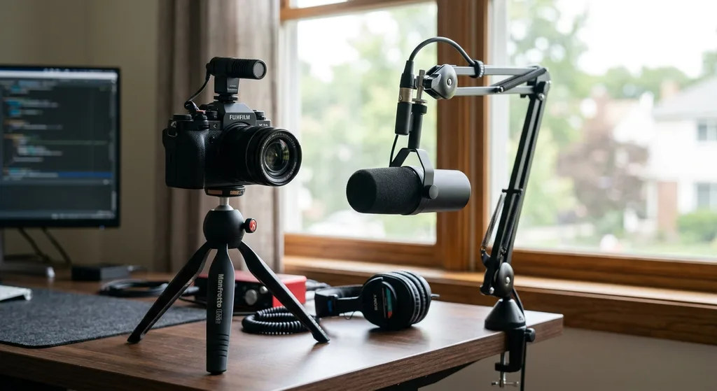 A mirrorless camera on a tripod next to a boom arm microphone in a softly lit home studio setup