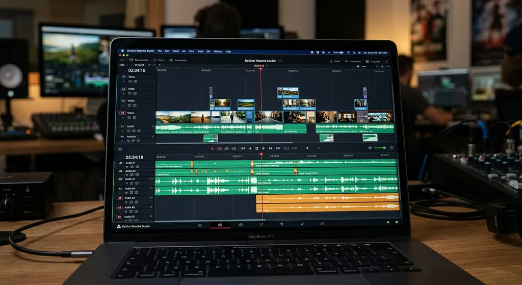 A laptop screen displaying a multi-track video editing timeline with color-graded clips and audio waveforms