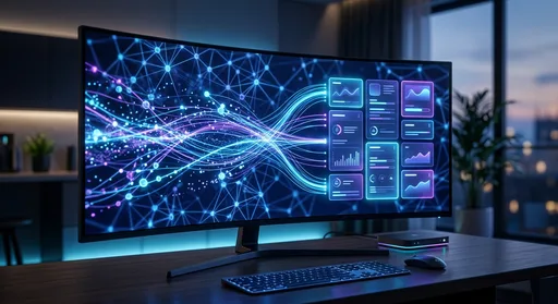 Abstract visualization of AI processing data streams to surface personalized content cards on a digital screen
