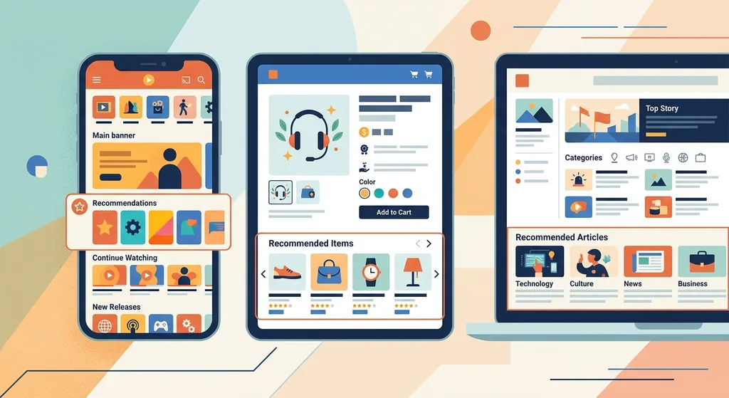 Collage showing AI content discovery applications in streaming, e-commerce, and news platforms on various devices