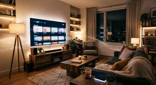 A living room with a glowing screen displaying rows of abstract content suggestions in a softly lit setting