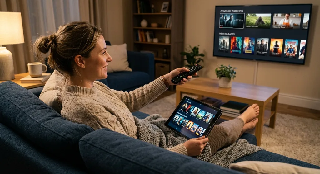 A person on a couch comparing curated content suggestions across a tablet and television